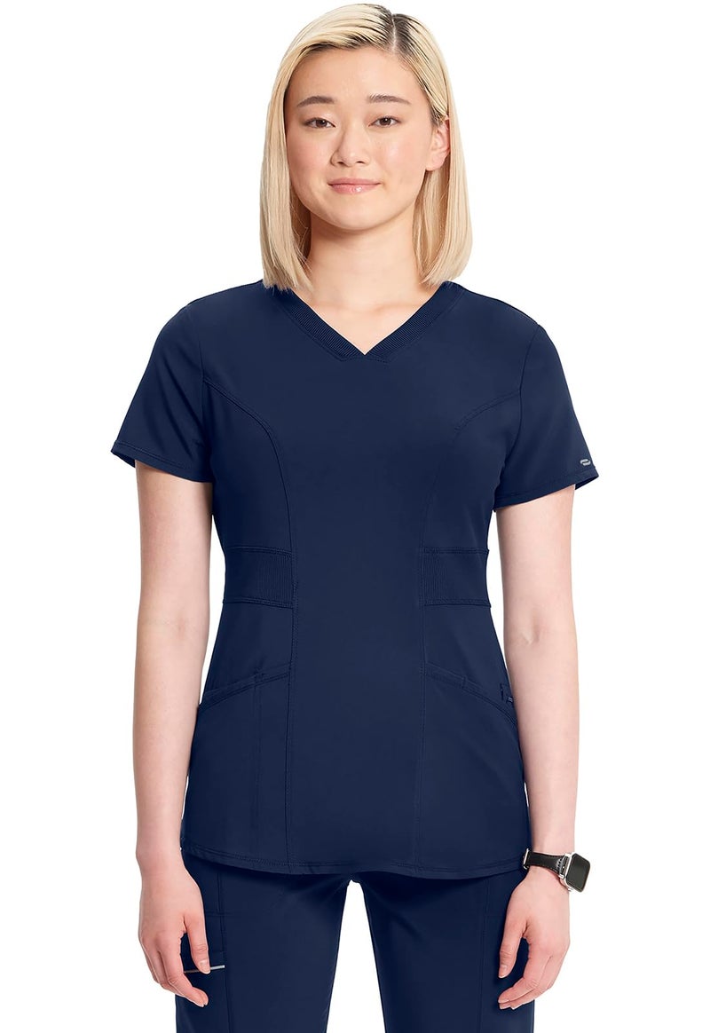 Cherokee Infinity Womens V-Neck Scrub Top Contemporary Fit, 3 Pockets, Rib-Knit Insets, Side Vents, 360Â° Stretch - CK623A, 2XL, Navy - Image 1